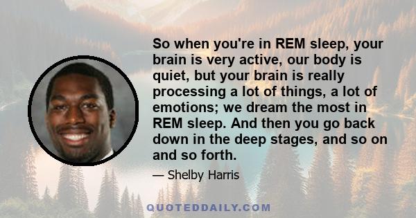 So when you're in REM sleep, your brain is very active, our body is quiet, but your brain is really processing a lot of things, a lot of emotions; we dream the most in REM sleep. And then you go back down in the deep