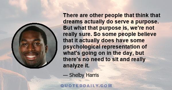 There are other people that think that dreams actually do serve a purpose. But what that purpose is, we're not really sure. So some people believe that it actually does have some psychological representation of what's