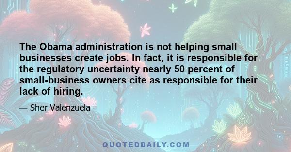 The Obama administration is not helping small businesses create jobs. In fact, it is responsible for the regulatory uncertainty nearly 50 percent of small-business owners cite as responsible for their lack of hiring.