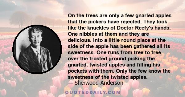 On the trees are only a few gnarled apples that the pickers have rejected. They look like the knuckles of Doctor Reefy's hands. One nibbles at them and they are delicious. Into a little round place at the side of the