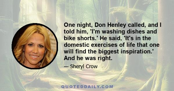 One night, Don Henley called, and I told him, 'I'm washing dishes and bike shorts.' He said, 'It's in the domestic exercises of life that one will find the biggest inspiration.' And he was right.