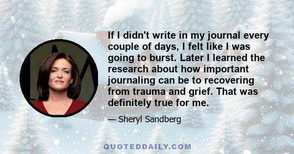 If I didn't write in my journal every couple of days, I felt like I was going to burst. Later I learned the research about how important journaling can be to recovering from trauma and grief. That was definitely true