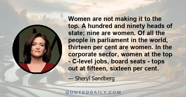 Women are not making it to the top. A hundred and ninety heads of state; nine are women. Of all the people in parliament in the world, thirteen per cent are women. In the corporate sector, women at the top - C-level