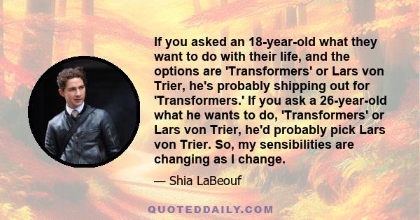 If you asked an 18-year-old what they want to do with their life, and the options are 'Transformers' or Lars von Trier, he's probably shipping out for 'Transformers.' If you ask a 26-year-old what he wants to do,