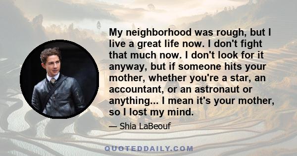 My neighborhood was rough, but I live a great life now. I don't fight that much now. I don't look for it anyway, but if someone hits your mother, whether you're a star, an accountant, or an astronaut or anything... I