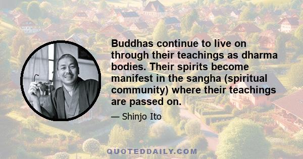 Buddhas continue to live on through their teachings as dharma bodies. Their spirits become manifest in the sangha (spiritual community) where their teachings are passed on.