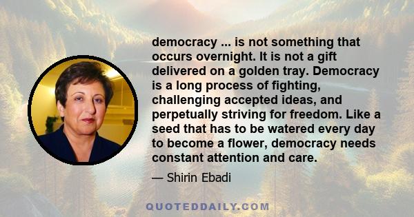 democracy ... is not something that occurs overnight. It is not a gift delivered on a golden tray. Democracy is a long process of fighting, challenging accepted ideas, and perpetually striving for freedom. Like a seed