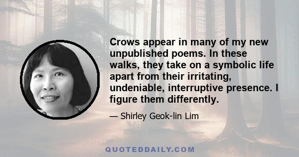 Crows appear in many of my new unpublished poems. In these walks, they take on a symbolic life apart from their irritating, undeniable, interruptive presence. I figure them differently.