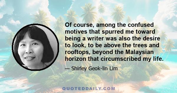 Of course, among the confused motives that spurred me toward being a writer was also the desire to look, to be above the trees and rooftops, beyond the Malaysian horizon that circumscribed my life.