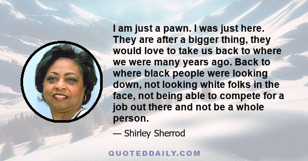 I am just a pawn. I was just here. They are after a bigger thing, they would love to take us back to where we were many years ago. Back to where black people were looking down, not looking white folks in the face, not