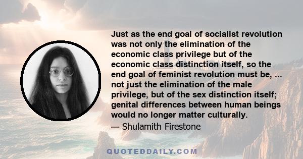 Just as the end goal of socialist revolution was not only the elimination of the economic class privilege but of the economic class distinction itself, so the end goal of feminist revolution must be, ... not just the