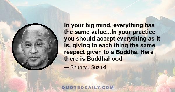 In your big mind, everything has the same value...In your practice you should accept everything as it is, giving to each thing the same respect given to a Buddha. Here there is Buddhahood