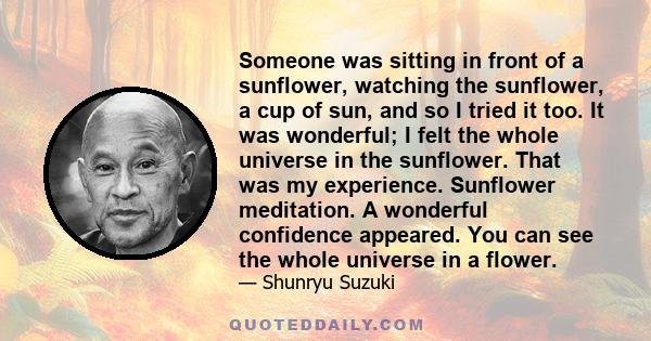 Someone was sitting in front of a sunflower, watching the sunflower, a cup of sun, and so I tried it too. It was wonderful; I felt the whole universe in the sunflower. That was my experience. Sunflower meditation. A