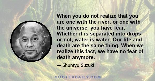 When you do not realize that you are one with the river, or one with the universe, you have fear. Whether it is separated into drops or not, water is water. Our life and death are the same thing. When we realize this