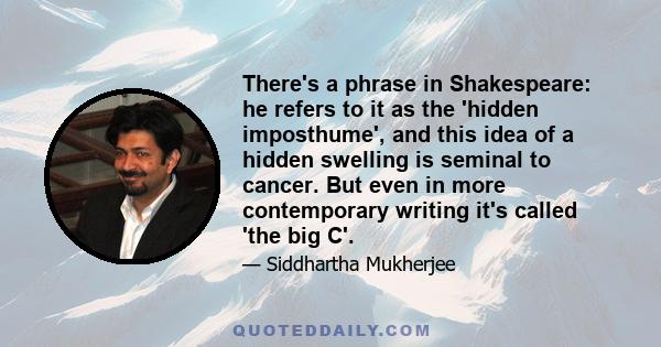 There's a phrase in Shakespeare: he refers to it as the 'hidden imposthume', and this idea of a hidden swelling is seminal to cancer. But even in more contemporary writing it's called 'the big C'.