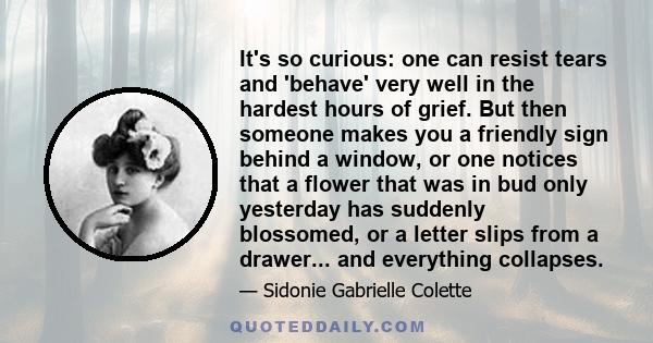 It's so curious: one can resist tears and 'behave' very well in the hardest hours of grief. But then someone makes you a friendly sign behind a window, or one notices that a flower that was in bud only yesterday has