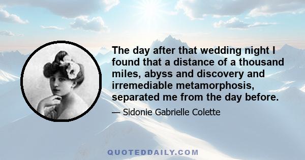 The day after that wedding night I found that a distance of a thousand miles, abyss and discovery and irremediable metamorphosis, separated me from the day before.