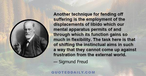 Another technique for fending off suffering is the employment of the displacements of libido which our mental apparatus permits of and through which its function gains so much in flexibility. The task here is that of