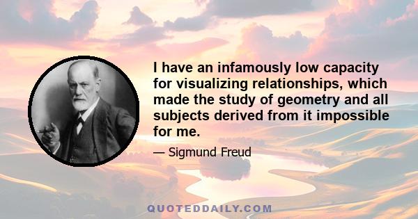 I have an infamously low capacity for visualizing relationships, which made the study of geometry and all subjects derived from it impossible for me.