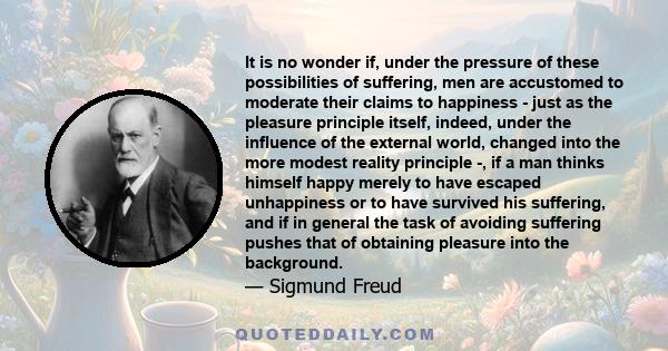 It is no wonder if, under the pressure of these possibilities of suffering, men are accustomed to moderate their claims to happiness - just as the pleasure principle itself, indeed, under the influence of the external