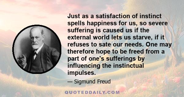 Just as a satisfaction of instinct spells happiness for us, so severe suffering is caused us if the external world lets us starve, if it refuses to sate our needs. One may therefore hope to be freed from a part of one's 