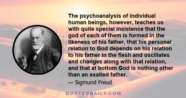 The psychoanalysis of individual human beings, however, teaches us with quite special insistence that the god of each of them is formed in the likeness of his father, that his personal relation to God depends on his