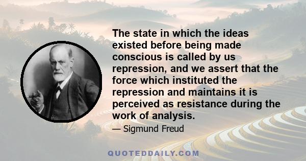 The state in which the ideas existed before being made conscious is called by us repression, and we assert that the force which instituted the repression and maintains it is perceived as resistance during the work of