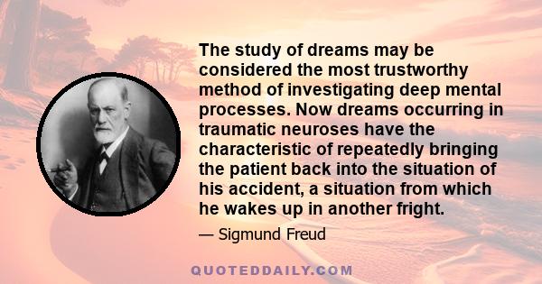 The study of dreams may be considered the most trustworthy method of investigating deep mental processes. Now dreams occurring in traumatic neuroses have the characteristic of repeatedly bringing the patient back into