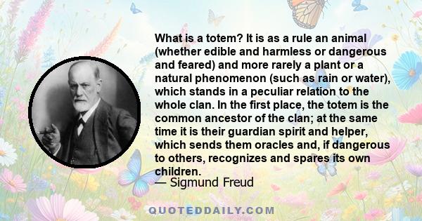 What is a totem? It is as a rule an animal (whether edible and harmless or dangerous and feared) and more rarely a plant or a natural phenomenon (such as rain or water), which stands in a peculiar relation to the whole