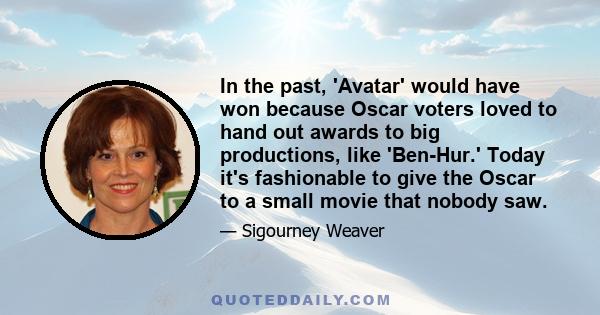 In the past, 'Avatar' would have won because Oscar voters loved to hand out awards to big productions, like 'Ben-Hur.' Today it's fashionable to give the Oscar to a small movie that nobody saw.