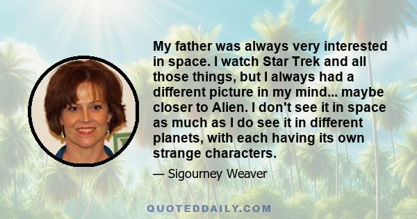 My father was always very interested in space. I watch Star Trek and all those things, but I always had a different picture in my mind... maybe closer to Alien. I don't see it in space as much as I do see it in