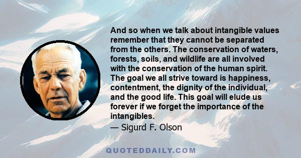 And so when we talk about intangible values remember that they cannot be separated from the others. The conservation of waters, forests, soils, and wildlife are all involved with the conservation of the human spirit.