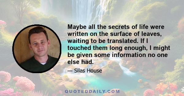 Maybe all the secrets of life were written on the surface of leaves, waiting to be translated. If I touched them long enough, I might be given some information no one else had.