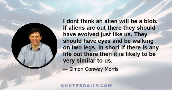 I dont think an alien will be a blob. If aliens are out there they should have evolved just like us. They should have eyes and be walking on two legs. In short if there is any life out there then it is likely to be very 