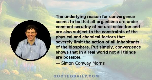 The underlying reason for convergence seems to be that all organisms are under constant scrutiny of natural selection and are also subject to the constraints of the physical and chemical factors that severely limit the