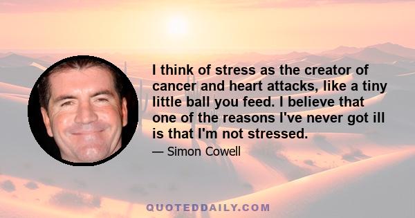 I think of stress as the creator of cancer and heart attacks, like a tiny little ball you feed. I believe that one of the reasons I've never got ill is that I'm not stressed.