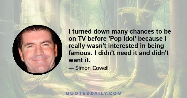 I turned down many chances to be on TV before 'Pop Idol' because I really wasn't interested in being famous. I didn't need it and didn't want it.