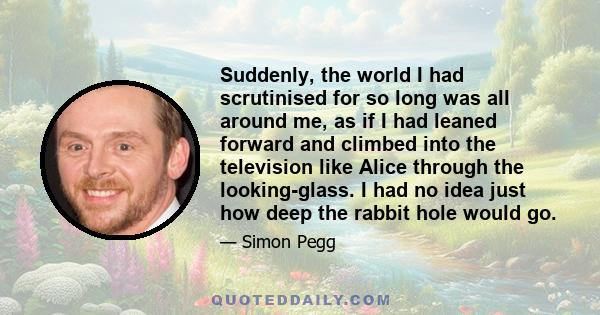 Suddenly, the world I had scrutinised for so long was all around me, as if I had leaned forward and climbed into the television like Alice through the looking-glass. I had no idea just how deep the rabbit hole would go.