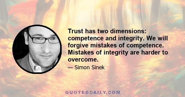 Trust has two dimensions: competence and integrity. We will forgive mistakes of competence. Mistakes of integrity are harder to overcome.