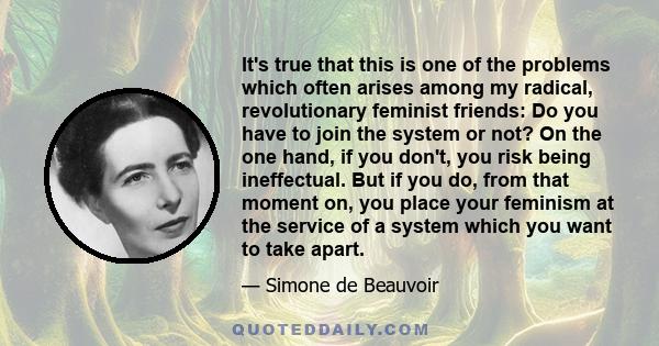 It's true that this is one of the problems which often arises among my radical, revolutionary feminist friends: Do you have to join the system or not? On the one hand, if you don't, you risk being ineffectual. But if