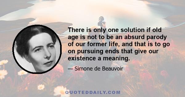 There is only one solution if old age is not to be an absurd parody of our former life, and that is to go on pursuing ends that give our existence a meaning.