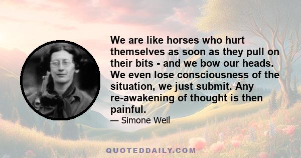 We are like horses who hurt themselves as soon as they pull on their bits - and we bow our heads. We even lose consciousness of the situation, we just submit. Any re-awakening of thought is then painful.