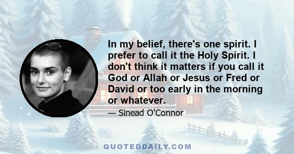 In my belief, there's one spirit. I prefer to call it the Holy Spirit. I don't think it matters if you call it God or Allah or Jesus or Fred or David or too early in the morning or whatever.