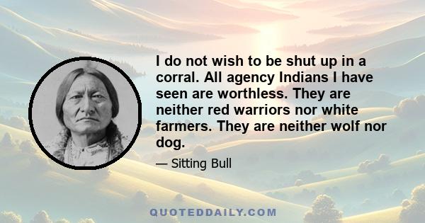 I do not wish to be shut up in a corral. All agency Indians I have seen are worthless. They are neither red warriors nor white farmers. They are neither wolf nor dog.