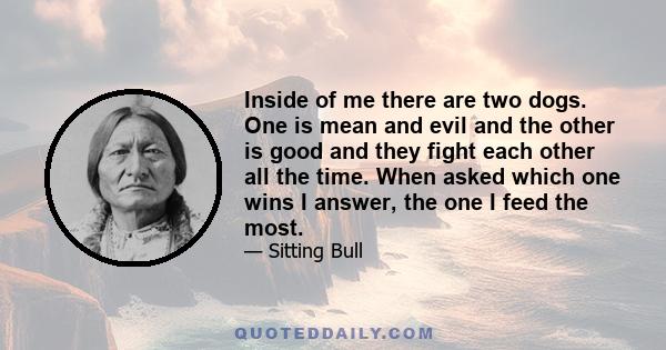 Inside of me there are two dogs. One is mean and evil and the other is good and they fight each other all the time. When asked which one wins I answer, the one I feed the most.