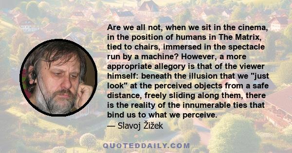 Are we all not, when we sit in the cinema, in the position of humans in The Matrix, tied to chairs, immersed in the spectacle run by a machine? However, a more appropriate allegory is that of the viewer himself: beneath 