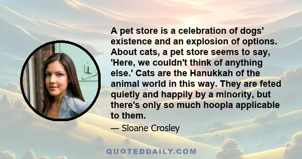 A pet store is a celebration of dogs' existence and an explosion of options. About cats, a pet store seems to say, 'Here, we couldn't think of anything else.' Cats are the Hanukkah of the animal world in this way. They