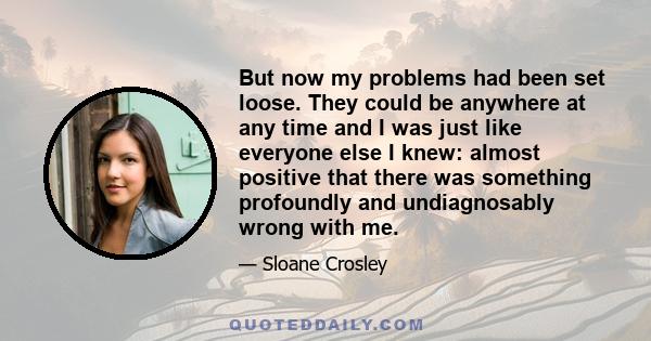 But now my problems had been set loose. They could be anywhere at any time and I was just like everyone else I knew: almost positive that there was something profoundly and undiagnosably wrong with me.