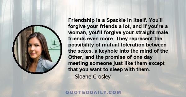 Friendship is a Spackle in itself. You'll forgive your friends a lot, and if you're a woman, you'll forgive your straight male friends even more. They represent the possibility of mutual toleration between the sexes, a