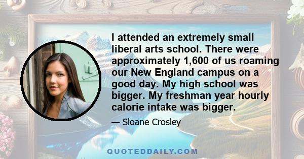 I attended an extremely small liberal arts school. There were approximately 1,600 of us roaming our New England campus on a good day. My high school was bigger. My freshman year hourly calorie intake was bigger.